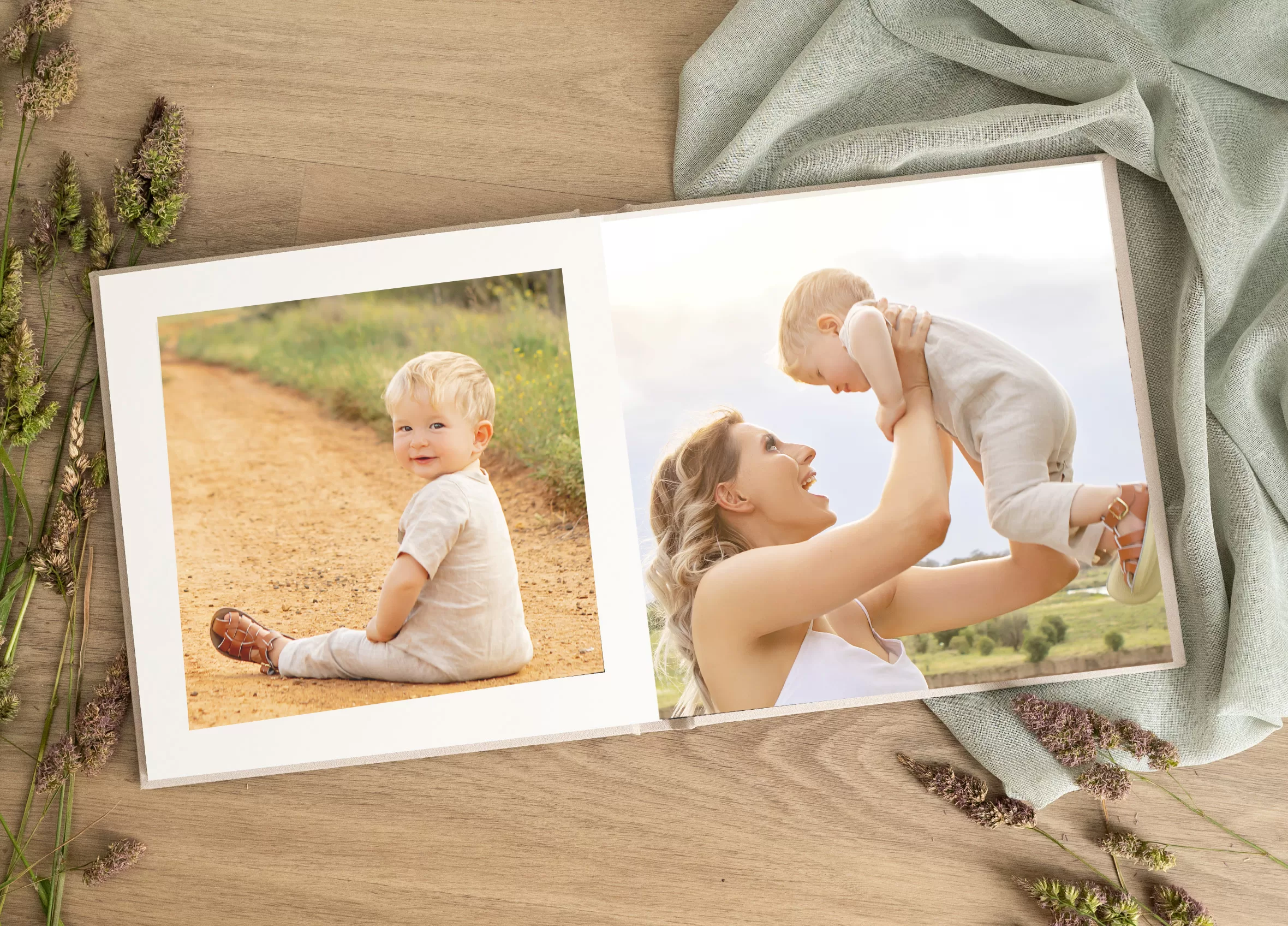Heirloom album spread with printed portrait collection