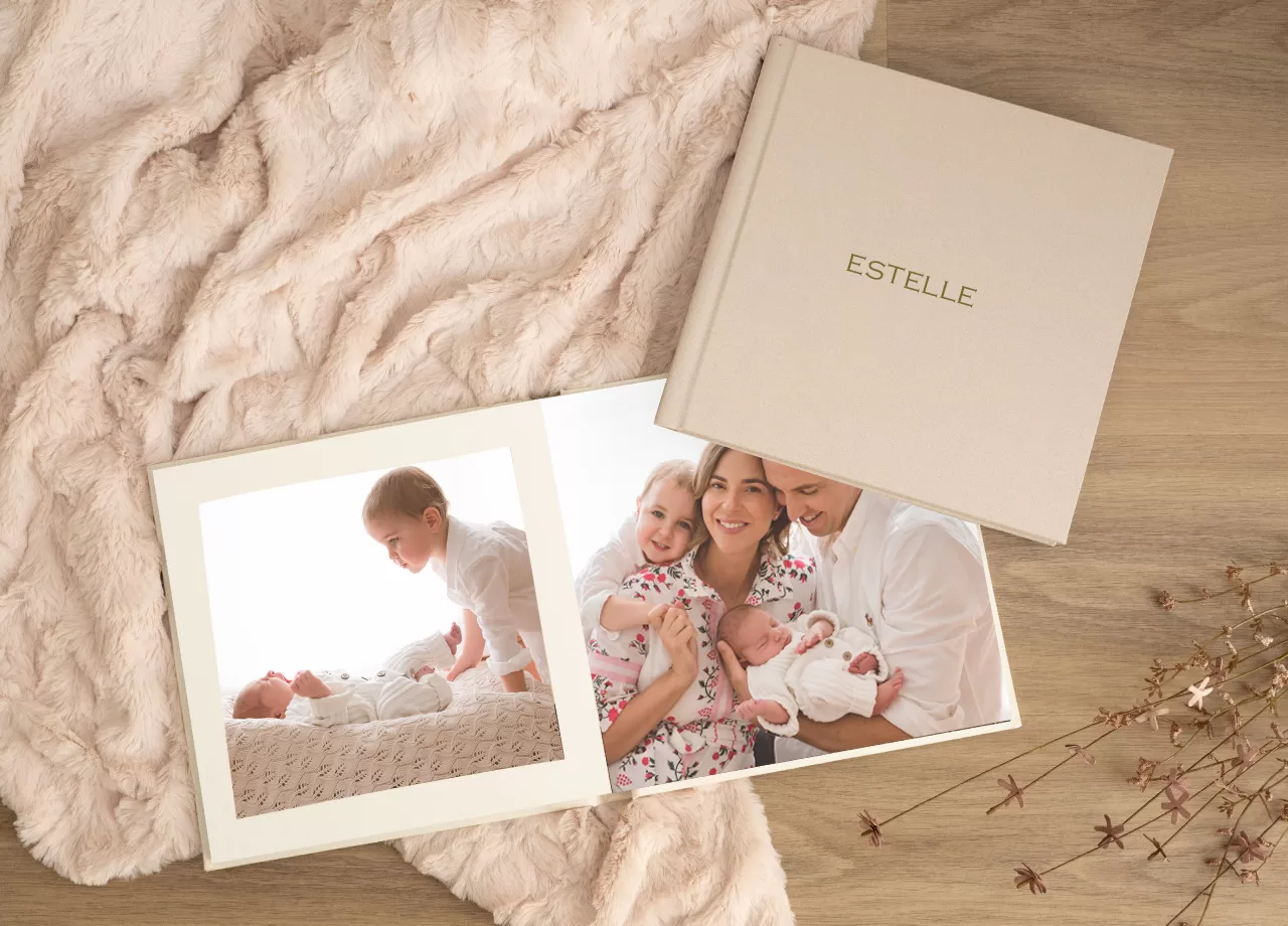 Heirloom album with oyster linen cover and printed portraits