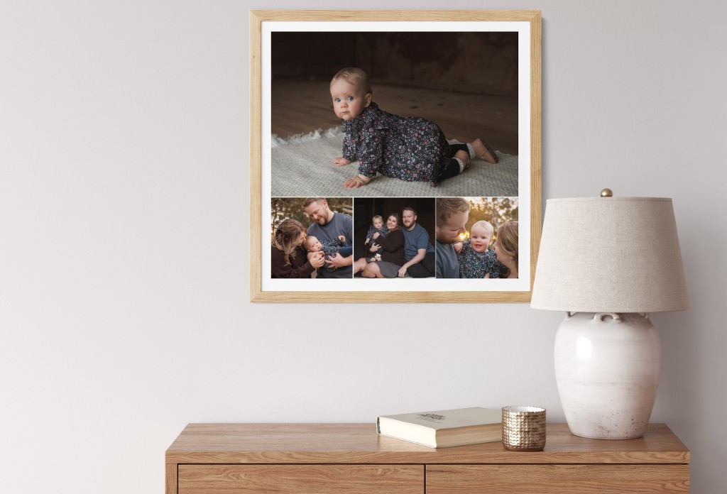 Framed collage of family portraits displayed above a dresser