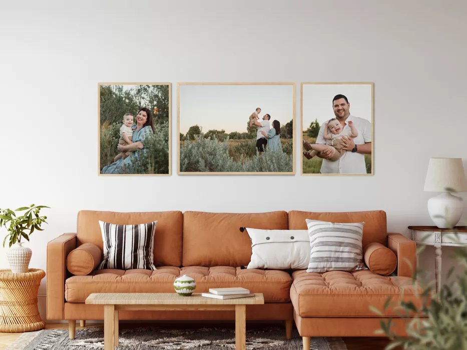 Framed portrait artwork in oak finish displayed on a neutral wall