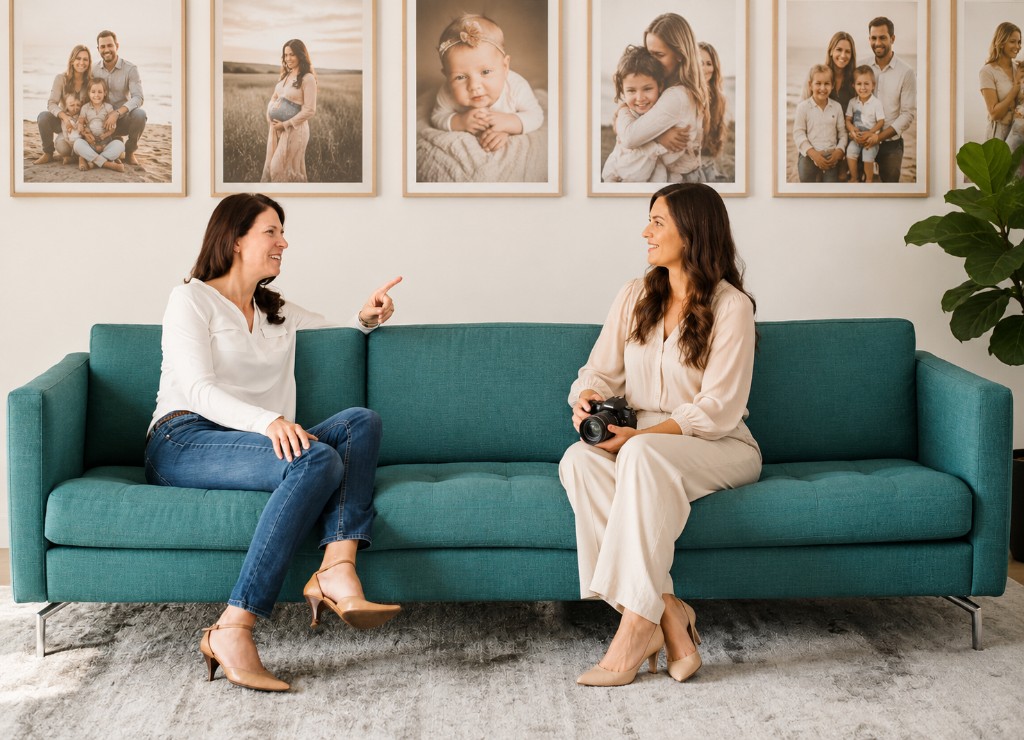 Two women in conversation on a studio sofa during a portrait consultation