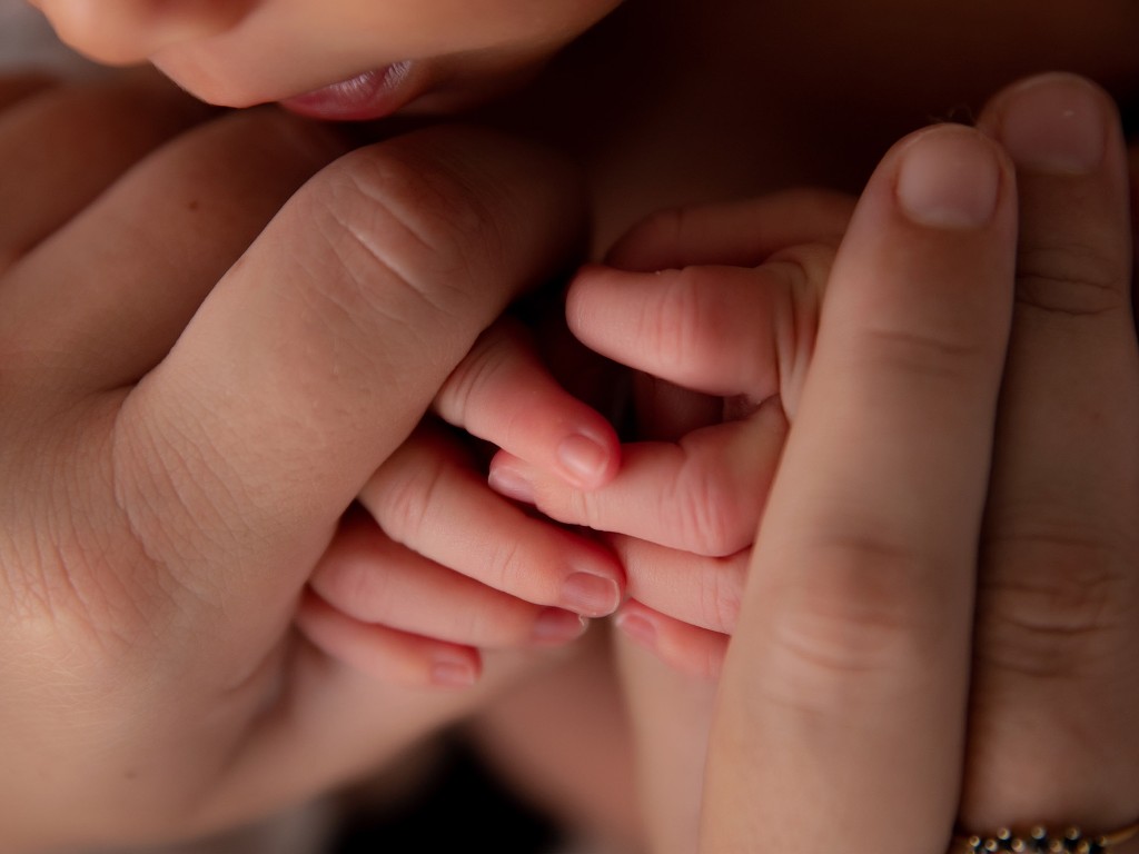 Close-up of a newborn baby's hands cradled in a parent's hands
